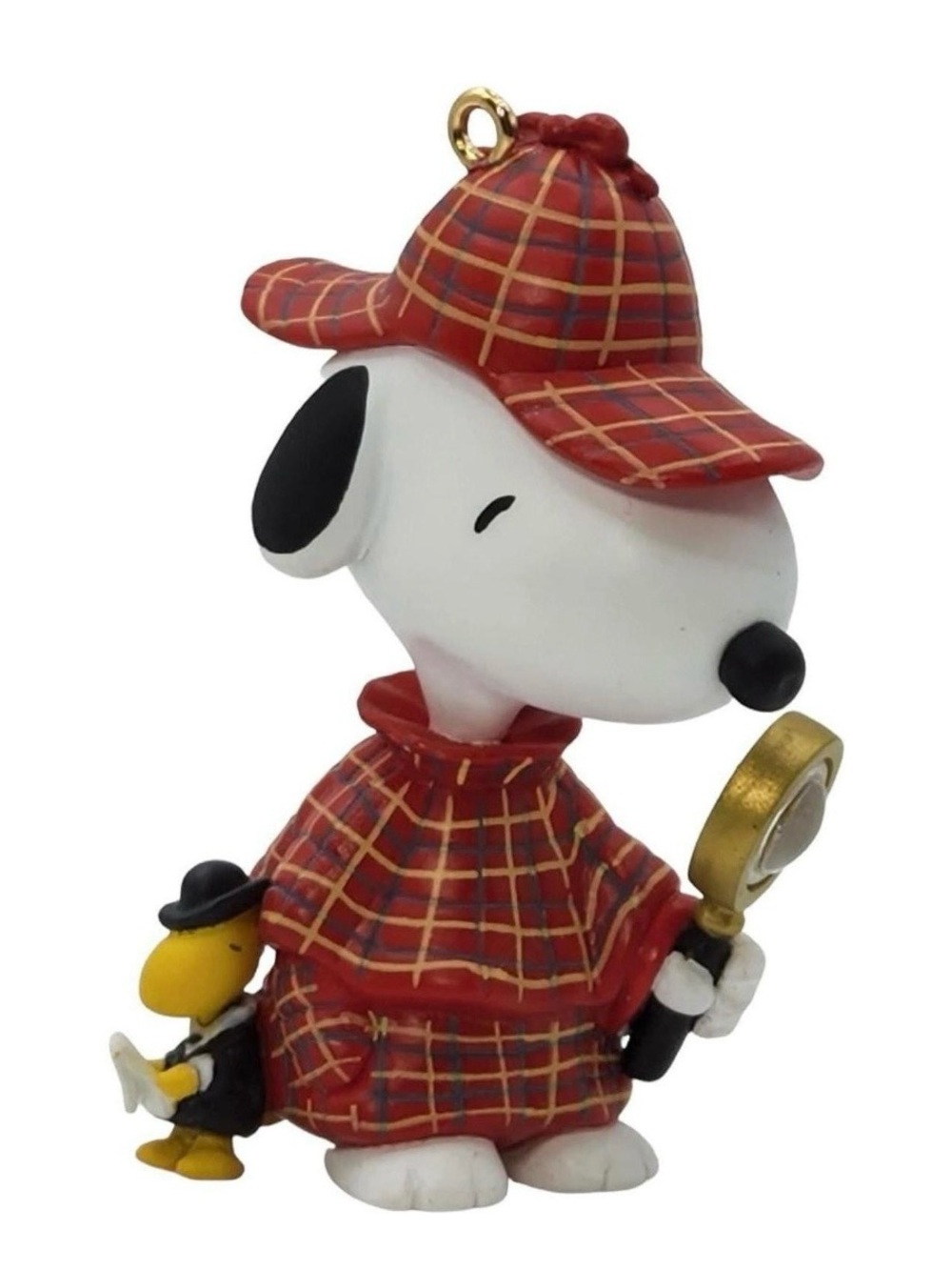 2000 Snoopy Detective Ornament in Red Plaid with Woodstock book Spothlight